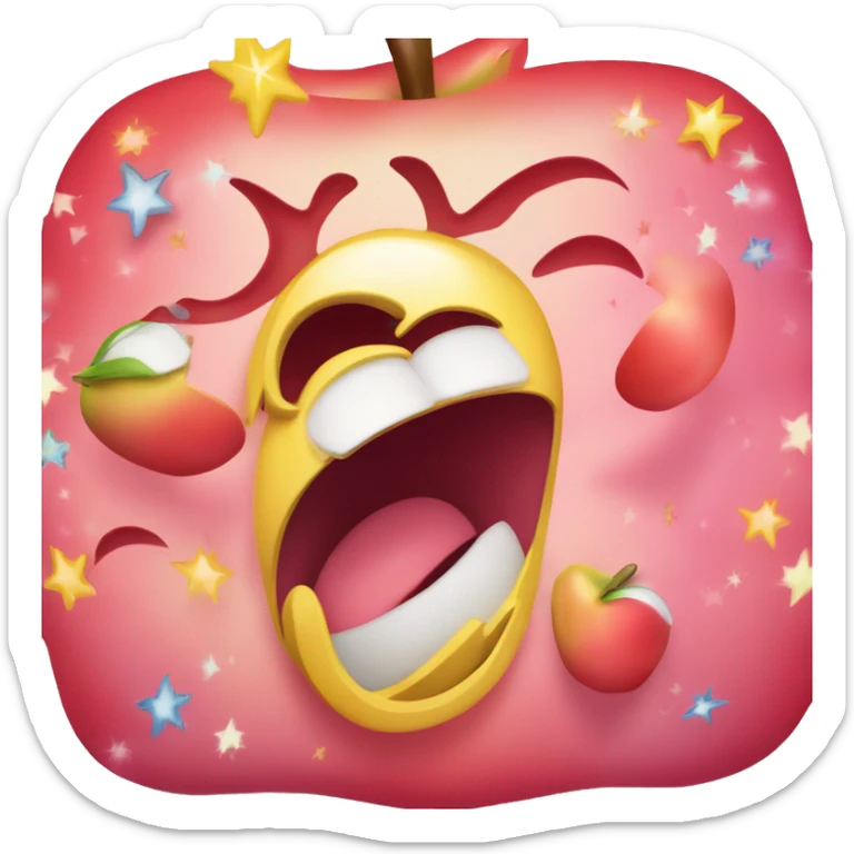 A classic apple emoji, tongue out and mouth wide open on a smile, dizzy eyes, and swirling stars around their head. Tilted 45 degrees sticker