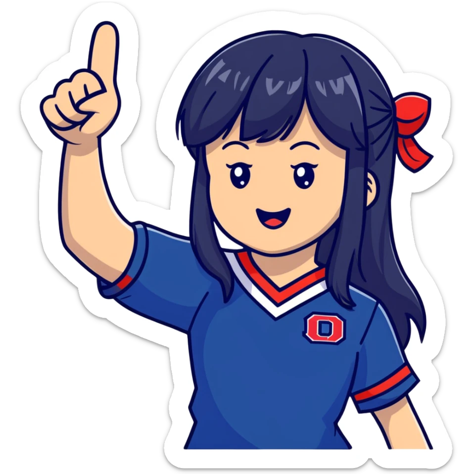 East Asian woman with long black straight hair and bangs wearing Doosan Bears team colors navy blue and red, cheering sticker