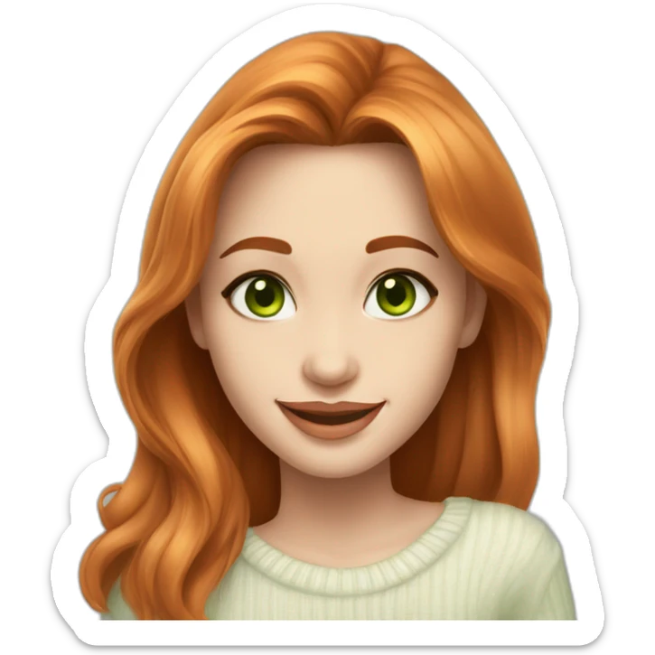 beautiful girl, white, with long loose wavy hair, orange hair,light green eyes, looks like Angelina Jolie, smiles at the camera, good teeth, white sweater, realistic drawing sticker