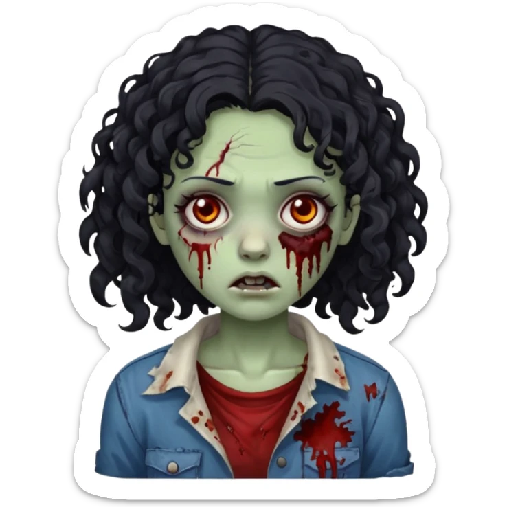 a zombie with curly medium black hair, dark brown eyes and a bit of blood on her cheek sticker