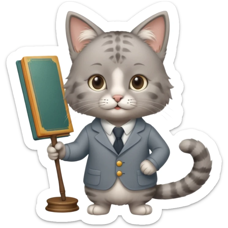 A cat with a mirror on its feet, a book in one hand, a teacher's stick in the other, and hair that looks like Einstein's. sticker