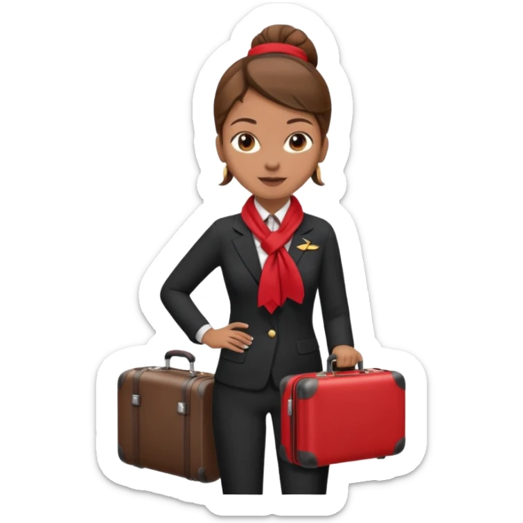 flight attendant, Light Brown skin, brown hair in single bun, neck scarf, suitcase sticker