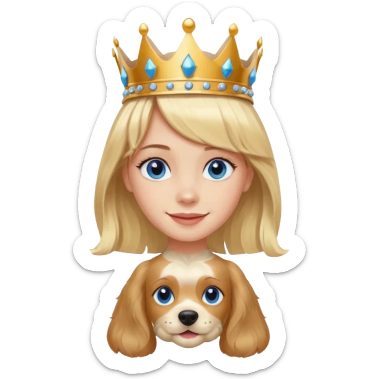 simple Blonde girl with bangs and blue eyes, and a simple crown. giving cockerspaniel energy head only sticker