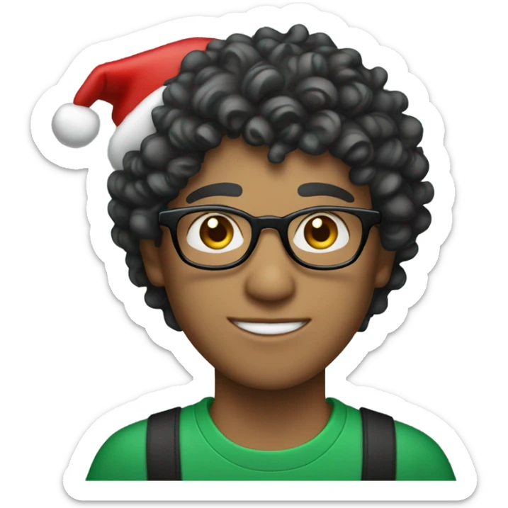 Unisex person ’light skin’ ’short curly dark green hair’ in a ’red Santa hat’ and black tshirt and round glasses  sticker