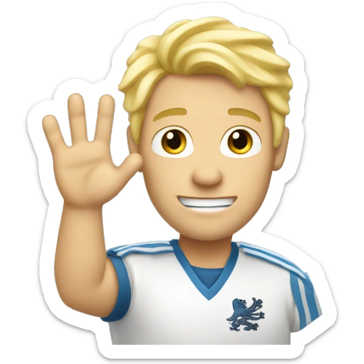 Male with blonde hair waving hand to say hello with a Scotland sticker
