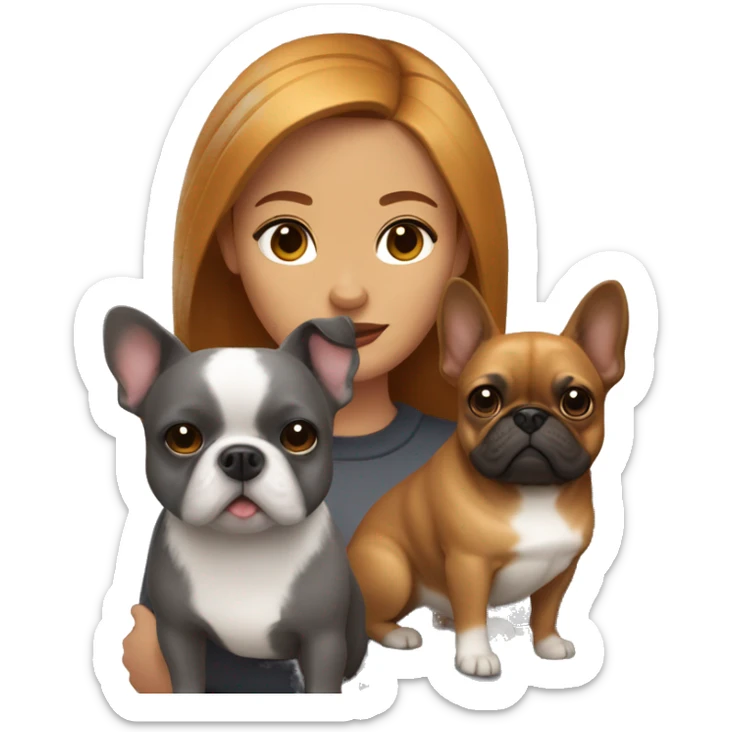 caramel hair woman with two dogs: a pomeranian and a dark gray french bulldog sticker