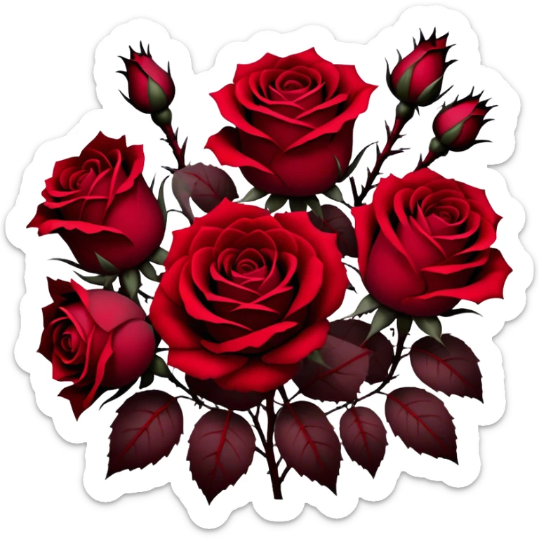 A hauntingly beautiful scene of deep red Gothic roses, their velvety petals unfolding in shades of ruby, burgundy, and scarlet. Dark thorns twist around them, emerging from the shadows like a forbidden love story. sticker