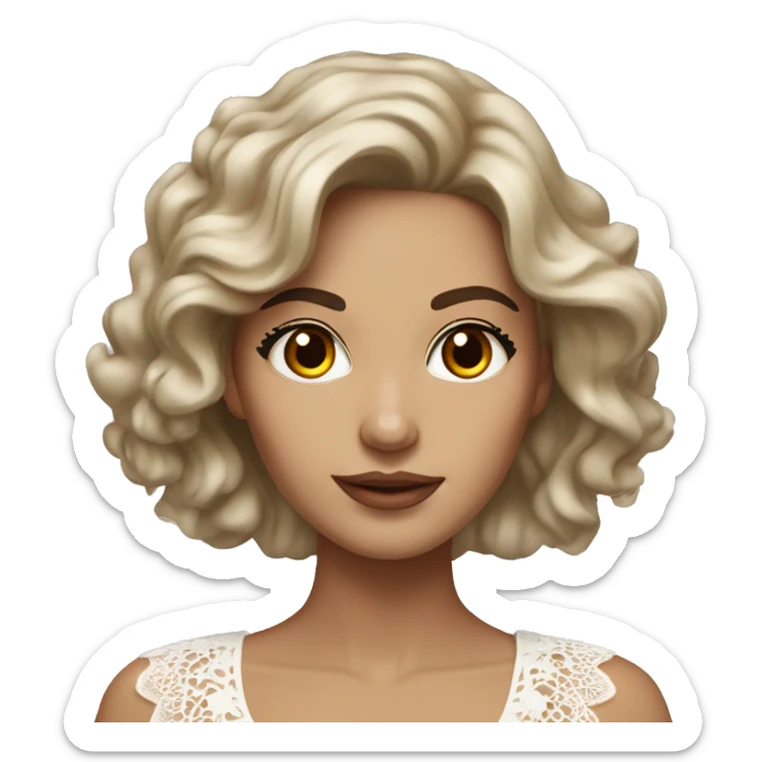 hyper realism Adult woman with brown eyes, light tanned skin, long wavy dark brown hair, wearing a white lace dress sticker