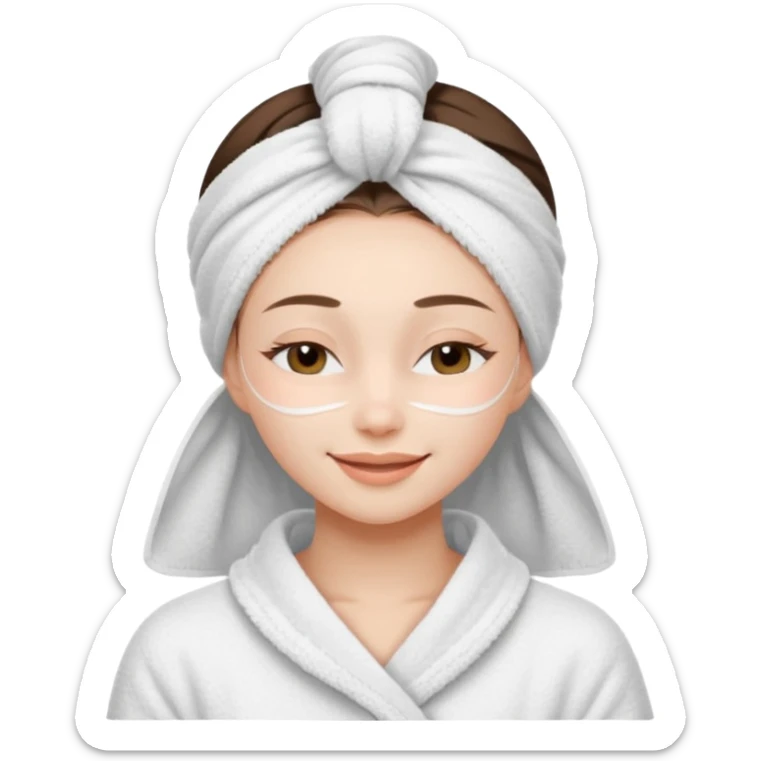 cute girl with her eyes closed and smiling, wearing a white spa towel as her clothes in she has a white spa towel on her head, white face skincare mask sticker