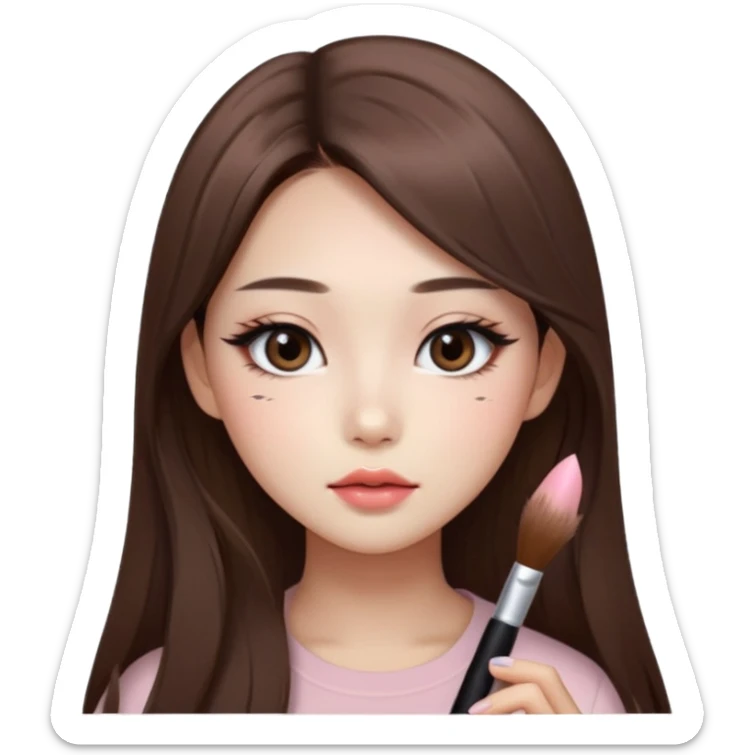 “korean straight long brown hair Emoji girl, soft eyeliner and blush, gradient lips, light brown shimmer eyeshadow sticker
