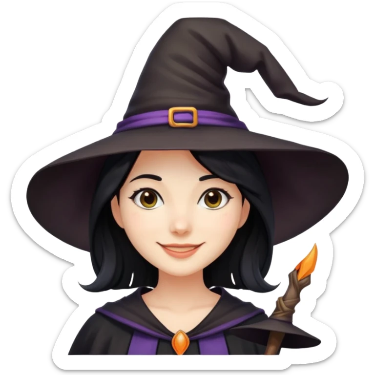 "- Nữ
- 25 tuổi
- Da trắng
- Tóc đen, ngắn ngang vai
- Mặt cười mỉm
- Đội mũ phù thủy" sticker