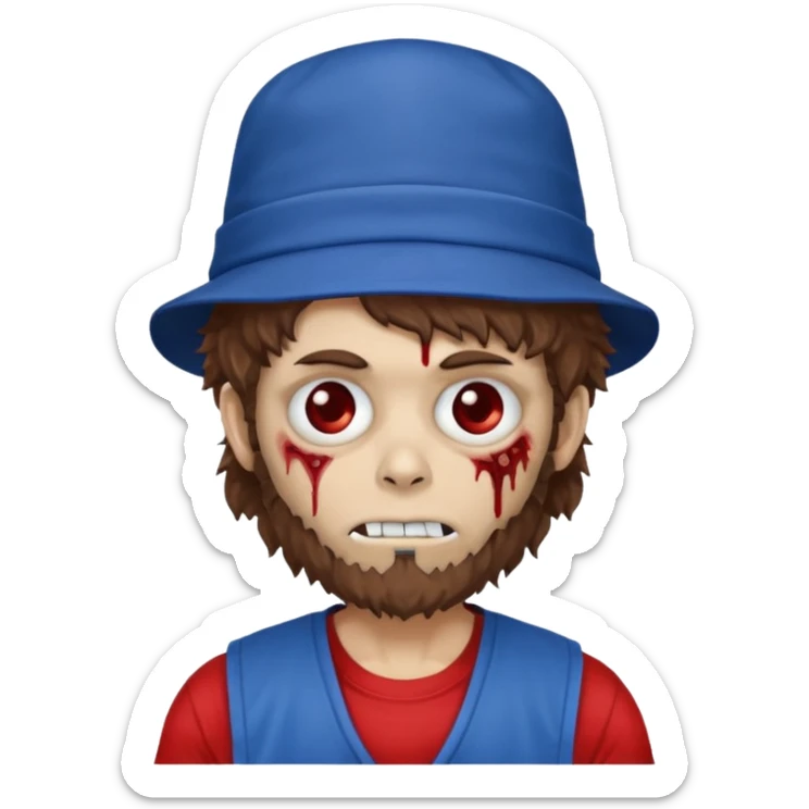 brown fluffy hair zombie with blue and white hat dark blue jilet red t shirt sticker