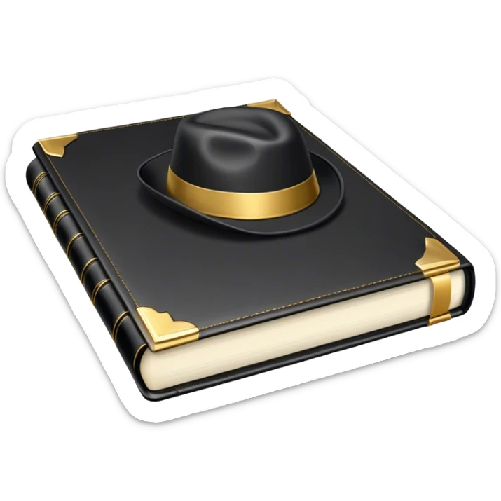 A sleek black book with gold accents, a polished leather texture, and an embossed symbol of a man tipping his hat, a deck of cards, or a golden key, radiating charisma, strategy, and the mastery of social dynamics. sticker