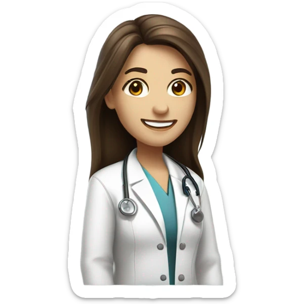 doctor, white skin, long straight hair, part in the middle of the hair, brown hair, big smile, female, baggy labcoat sticker