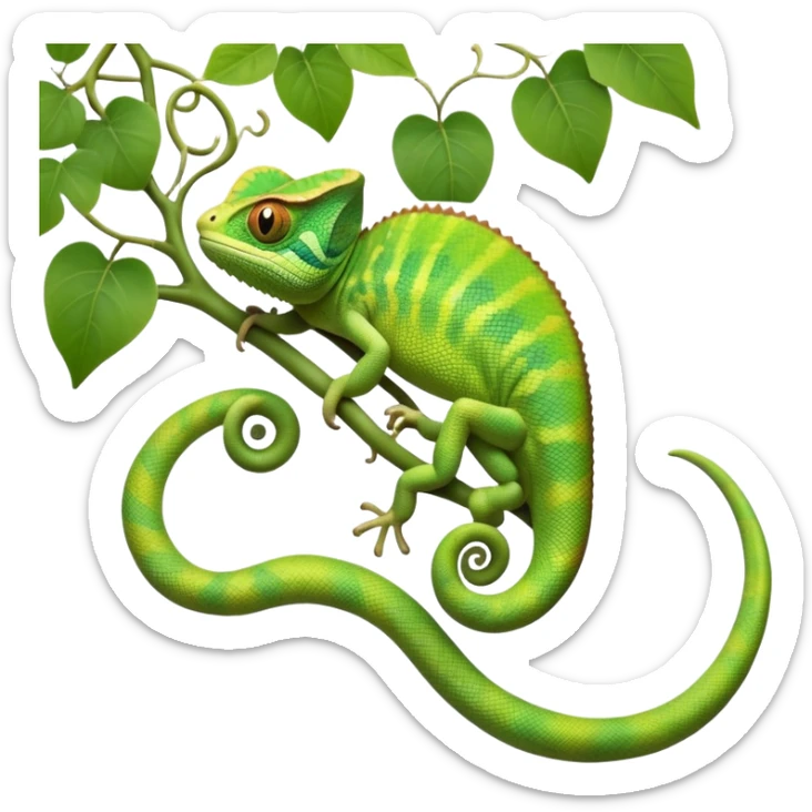 cinematic-chameleon-realistic-full-body-climbing-emoji,-slender-body-gripping-a-twisting-vine-with-prehensile-feet,-scaly-green-skin-shifting-shades-with-its-environment,-large-bulging-eyes-rotating-independently,-delicate-coiled-tail-curling-behind,-long-tongue-slightly-protruding-as-if-ready-to-strike,-simplified-yet-realistic-focused-features,-highly-detailed,-glowing-with-an-ethereal-forest-light sticker