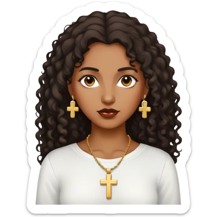 Dark Brown woman with dark curly long hair white shirt with gold small cross necklace sticker