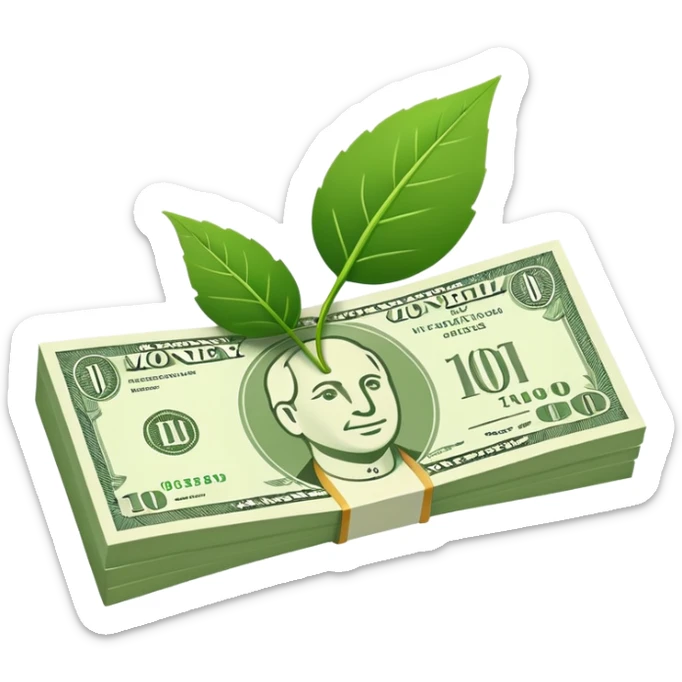 Minimal line-art icon of a money bill with a leaf symbol on the corner, clean modern style, simple outlines, slight 3D, no background, transparent, represents pure and ethical income. sticker