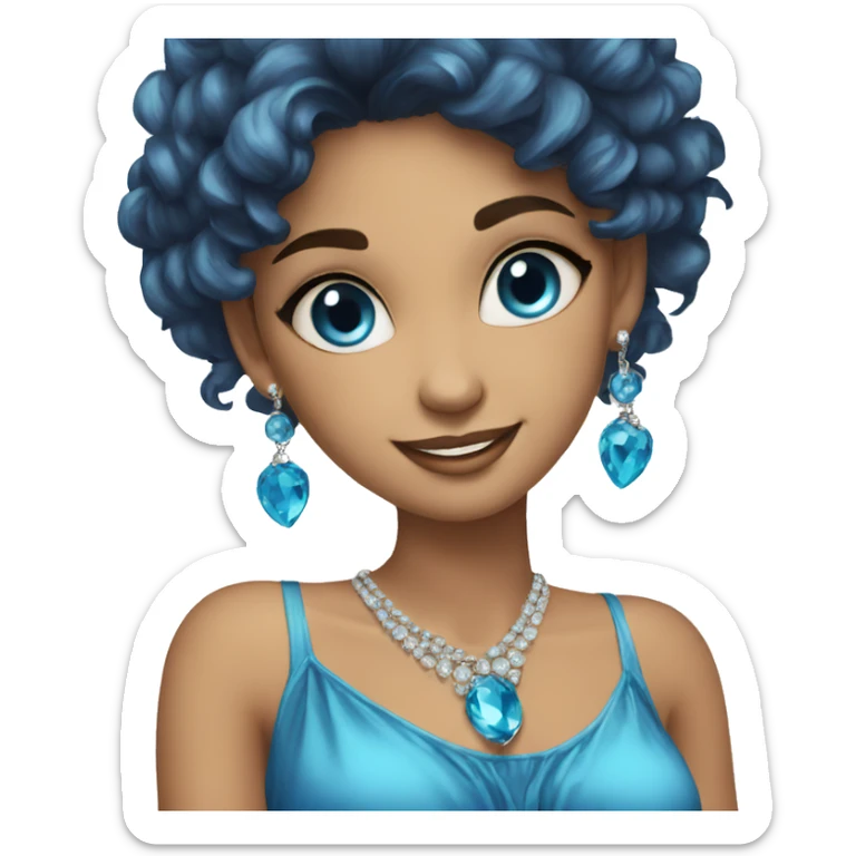 girl with earrings and jewelry, Eroupean, waters, blue dress happy blue eyes, sticker