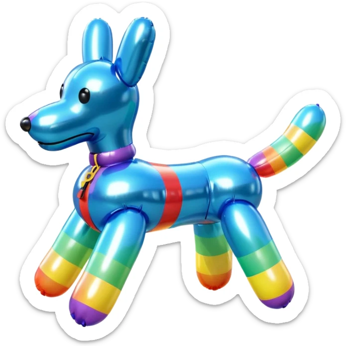3D render of Balloon Dog made of shiny inflatable vinyl, visible seam lines, air valve, highly reflective plastic texture, pool toy aesthetic, Apple emoji style, isolated on white background --v 6.0 sticker
