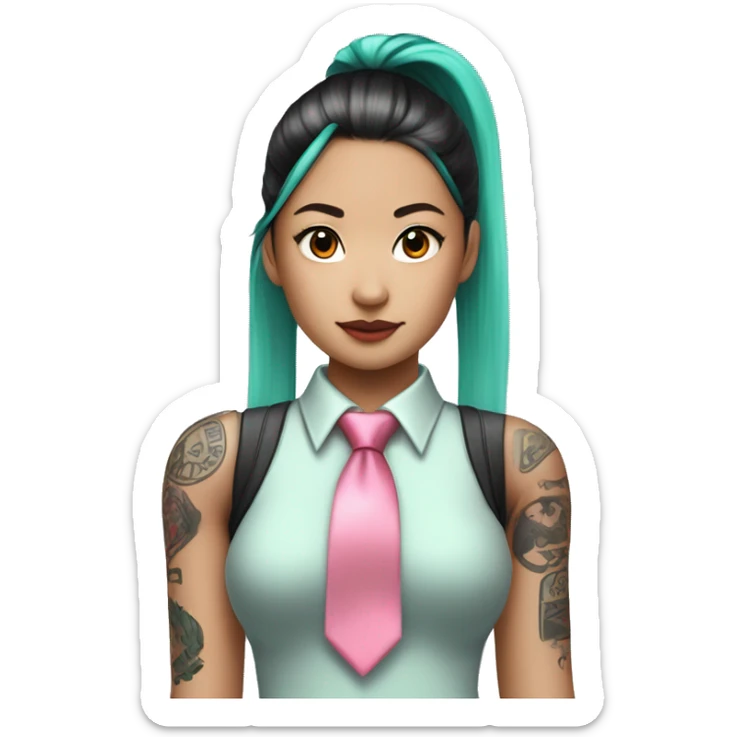An Asian girl with long mint colored twin ponytail wearing a sleeveless silver shirt, a mint colored tie, and a black flared arm sleeve with a red 01 tattoo on her left arm has a pink square with a black border running through each ponytail sticker