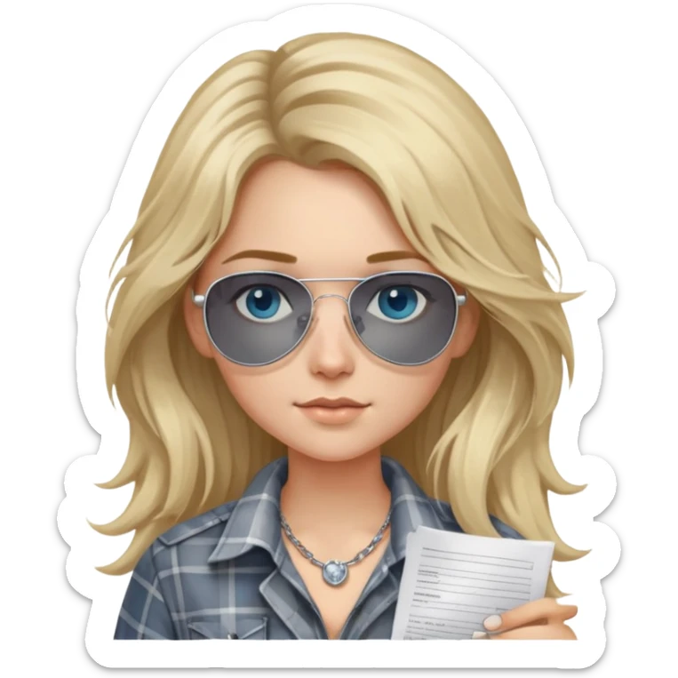 girl with long blond messy hair wearing grey plaid shirt with blue eyes and aviator sunglasses wearing a ring on her silver necklace, holding lawyer papers sticker