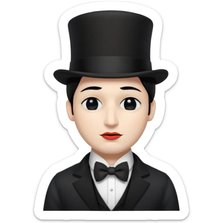 A man with snow white skin, a black half mask with an eye hole, a black top hat, a black vest with a black tie tucked underneath, and a white collared shirt. Closed eyes. sticker