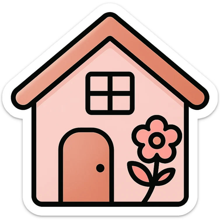 vector icon of a feminine home in rose gold and blush pink, flat minimal design, soft glow, white background, with a subtle floral detail sticker