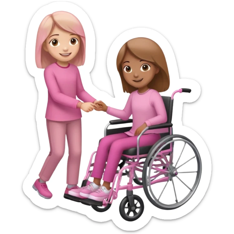 One light brown sister pushing her brown sister in a pink wheelchair sticker