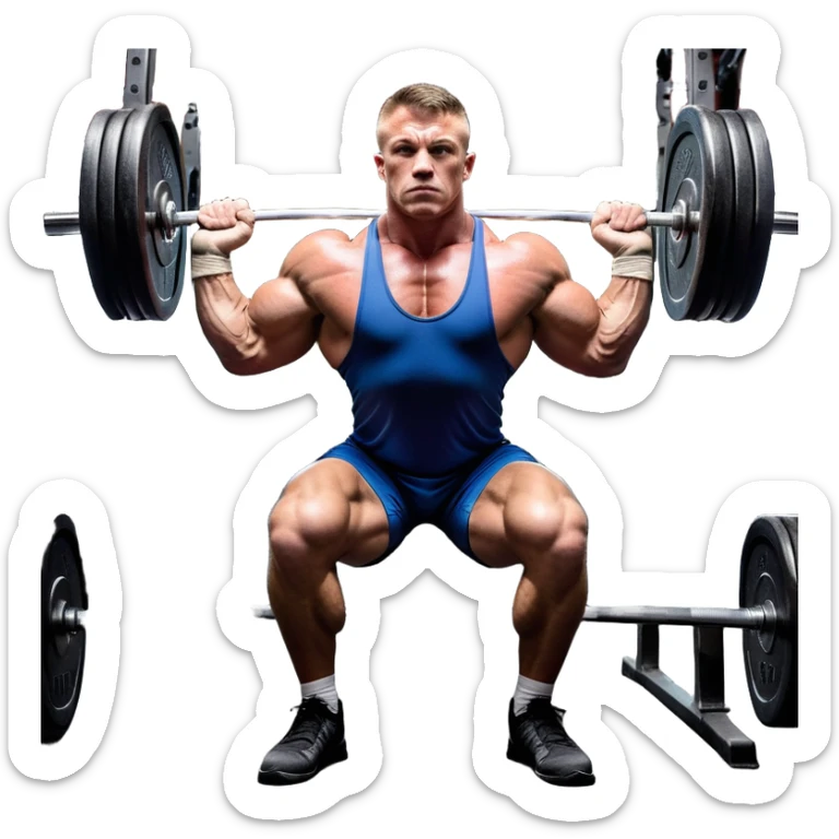 Powerlifter lifting a heavy barbell in a dramatic display of strength, muscles flexing under the pressure. The focus is on the lifter's intense effort and the heavy weights on each side. The background features a gym with weights and equipment, emphasizing the raw power of the sport.  sticker