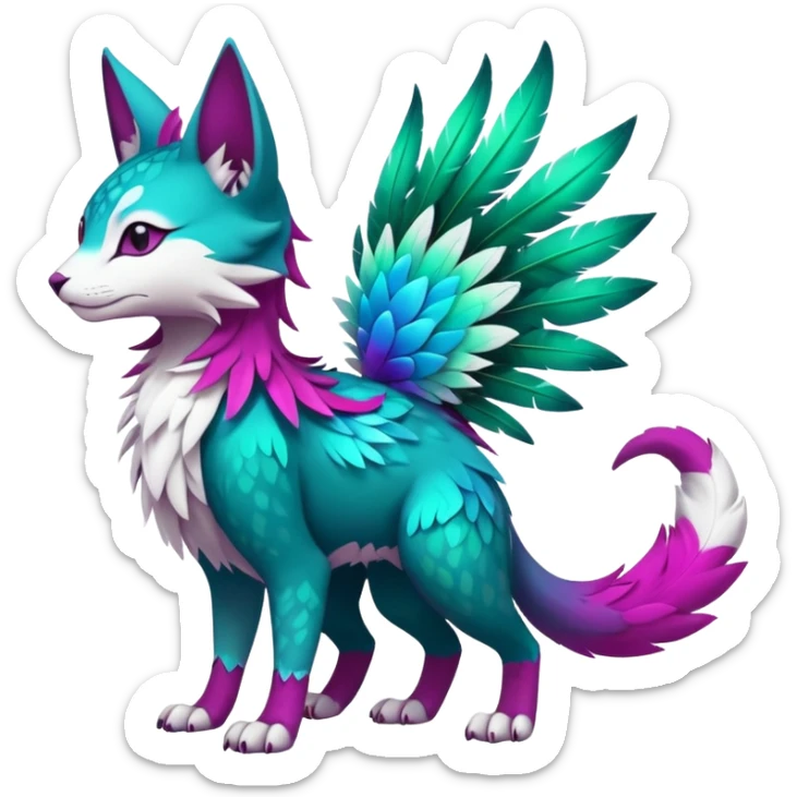 Kawaii cute colorful iridescent deep-dark-turquoise-green and magenta and white beautiful pretty elegant divine edgy feline-vernid-sergal-Fakémon-Pokémon-fursona-animal-creature with accessories, full body, with intricate detailed markings, feathers sticker