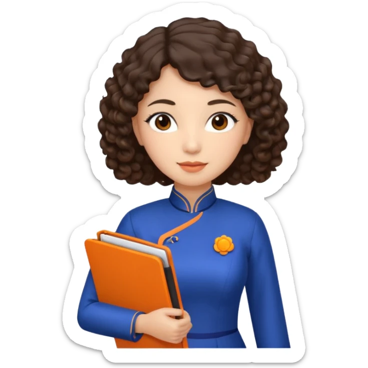 Teacher emoji but : curly/wavy dark brown hair, light skin, no glasses, dark eyes, with a computer folder in the hand (color is orange), being a teacher, wearing a chinese qipao ( dark blue)

 sticker