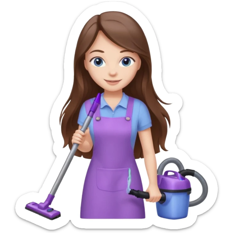 beautiful girl with long brown hair, blue eyes and wearing light purple clothes, cleaning and vacuuming sticker