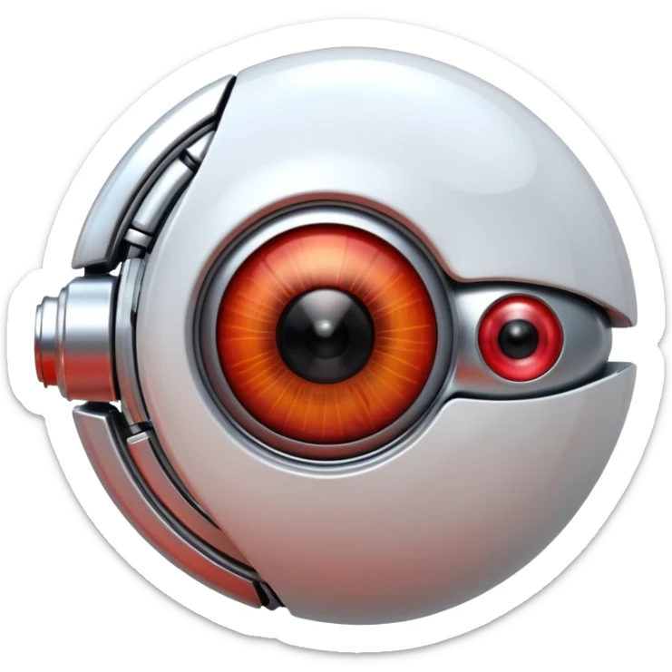 3D render of Robotic Eye, futuristic cyborg aesthetic, fusion of organic skin and chrome metal, white eyeball with a glowing red camera lens iris, exposed wiring, Apple emoji style, isolated on white background --v 6.0. sticker