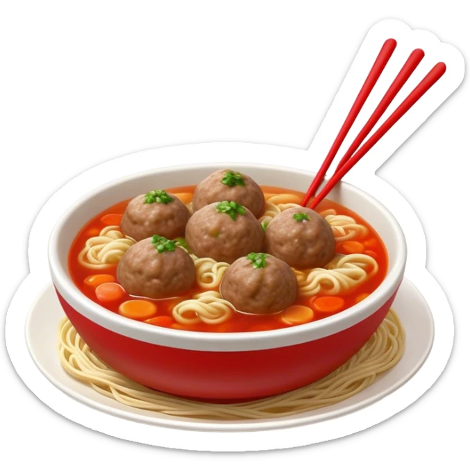 Cinematic Realistic Bakso Dish Emoji, showcasing savory meatball soup with noodles rendered with detailed textures and warm, inviting lighting. sticker