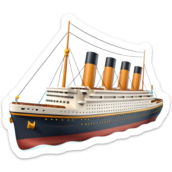 A 3D emoji of a Titanic ship in Apple style, glossy and smooth surface, bright clean colors with subtle shading, simple and minimal details, no face or expressions, floating on calm ocean, soft shadows, high-quality render, isolated on white background.


 sticker