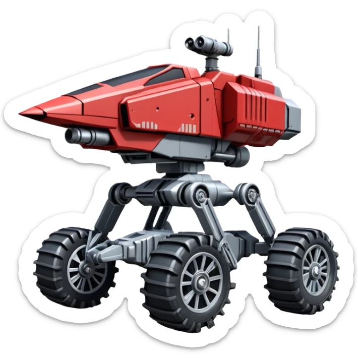 Star Wars jumping 8-wheel armored canine sporty self-balancing massive mech trail vehicle shooting motor-in-wheel side-hill leaning actively robotically articulating hydraulic independent suspended pod gimbal enemy mech off-road racing rover with large fast engine basher crawler megatron  sticker