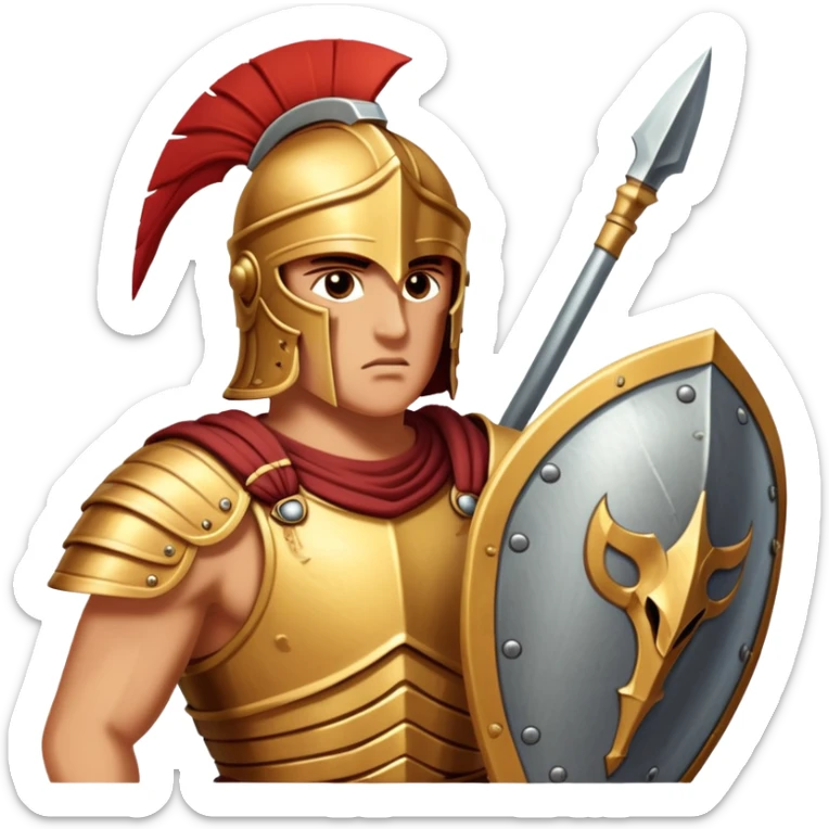 Cinematic-realistic Achilles emoji portrait fearlessly on the battlefield of Troy. His trojan armor gleams , each intricate engraving telling tales of his past glories. His piercing gaze locks onto his foe, his grip tightening around his spear.  sticker