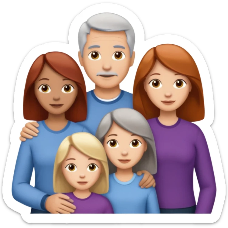 Family emoji showing a family of five. Father has grey hair, mother has mixed grey/brown hair, three daughters with blonde, brunette and redhead hair colors. sticker
