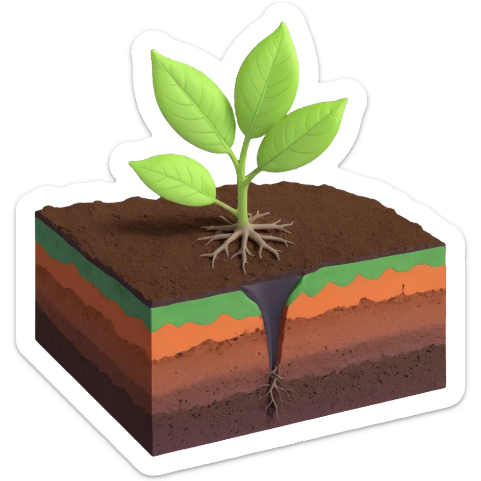A fresh green leaf resting on the surface of a cross-section of the Earth, where soil and underground layers are visible beneath. Natural lighting, realistic textures. sticker