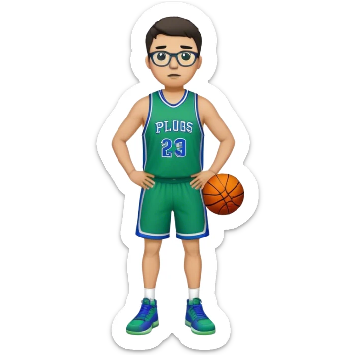 Full Body tall plus size white male with dark short hair basketball player wearing glasses wearing blue green uniform sticker