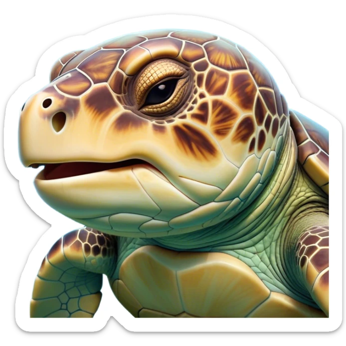 Cinematic Cute Yawning Sea Turtle Portrait Emoji, Head tilted slightly with a dramatic, wide-open yawn, showcasing a stately, patterned shell and a smooth, aged body with sleepy, half-closed eyes, Simplified yet irresistibly adorable features, highly detailed, glowing with a soft, cozy oceanic glow, high shine, relaxed yet expressive, stylized with a dash of whimsical marine charm, soft glowing outline, capturing the essence of a drowsy yet affectionate sea turtle that appears ready to stretch out for a nap! sticker