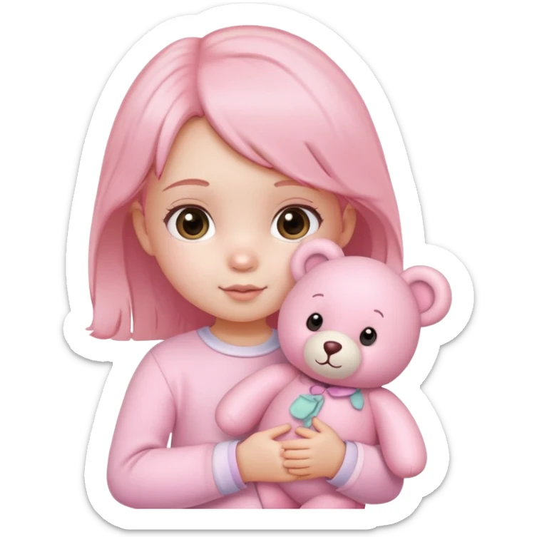 cute toddler girl with pastel pink clothes holding a pink teddy bear sticker