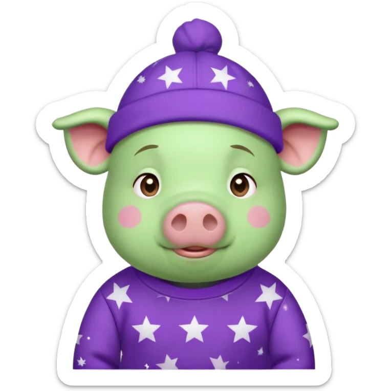 A green pig, in a purple sweatshirt, with a purple cap with a pattern of stars on his head sticker