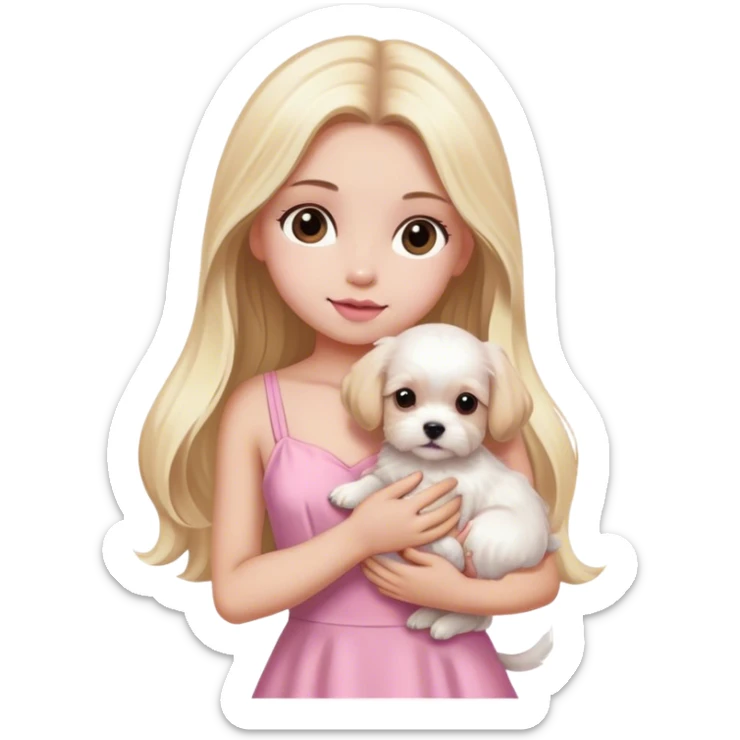 Blonde long hair brown eyes girl with white maltese puppy with pink dress sticker