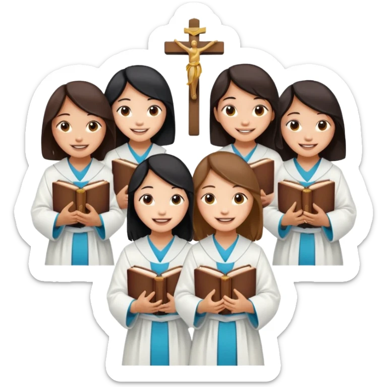 eight asian girls holding bibles and crosses and laughing  sticker