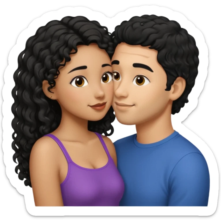 a straight short black hair man kissing a shorter girl with long black curly hair sticker