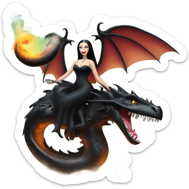 empowered and glamorously  dressed teen Morticia Addams Malibu Beach Barbie Jedi flying/riding on the back of a very large black shiny evil-looking fire-spewing horned dragon. proper scale sticker