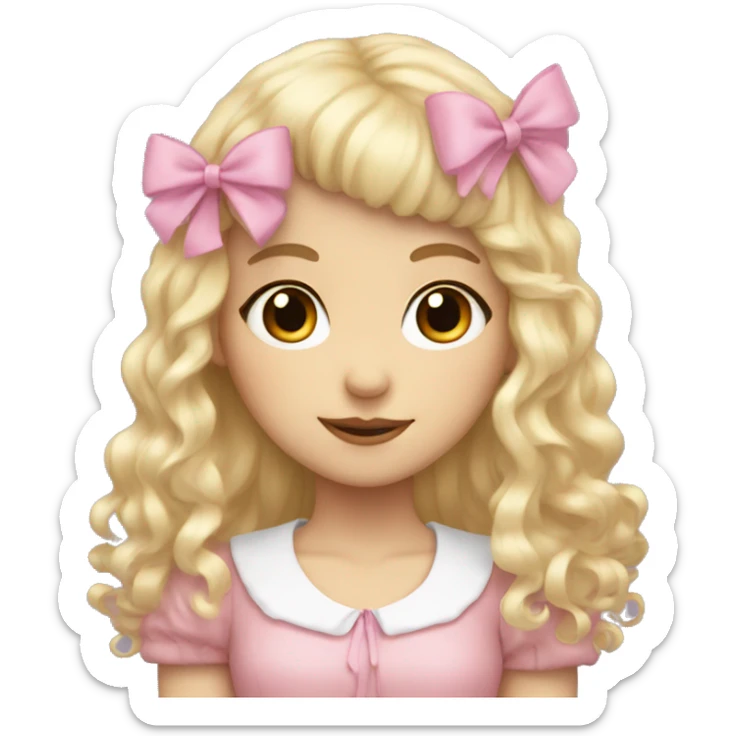 Blonde, pale girl with bangs and curly, long hair with pink bows  sticker