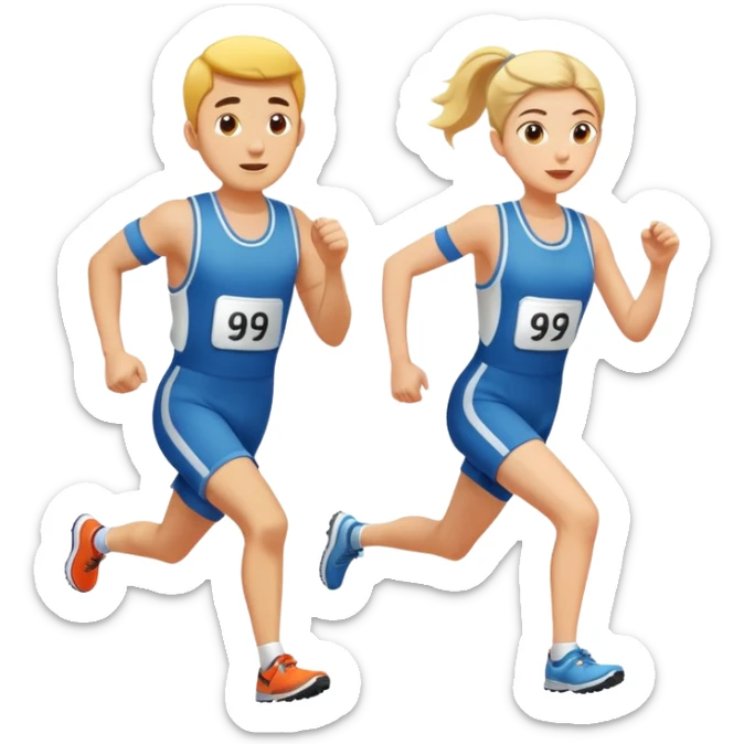A man and a woman competing in a footrace, wearing bib numbers sticker