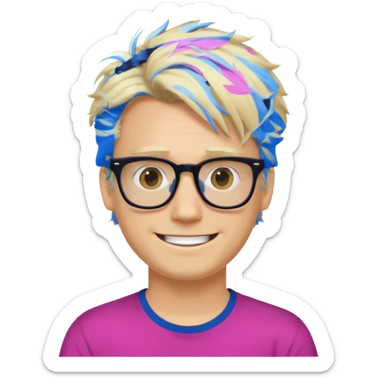 A blond guy with messy hair is smiling. He wear black and dark blue glasses and a fushia T-shirt.  sticker